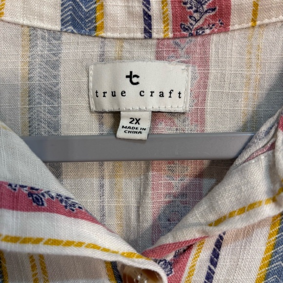 True Craft womens linen blend striped button front top white 2X - Picture 4 of 5